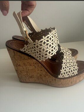 Tory Burch Daisy Floral Perforated Cork Wedge Sandals, Size 8.5